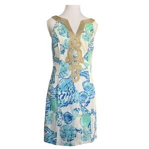 Lilly Pulitzer Gold Trim Shell Print Shift Dress Size 8 Blue Sleeveless Resort